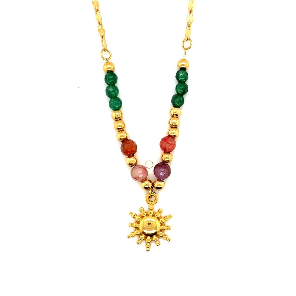 Gold Stainless Steel Sun Pendant Necklace Colorful Beaded Celestial Jewelry 17in